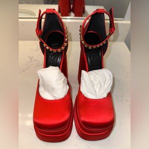 VERSACE
Medusa Aevitas embellished satin platform pumps (worn once)